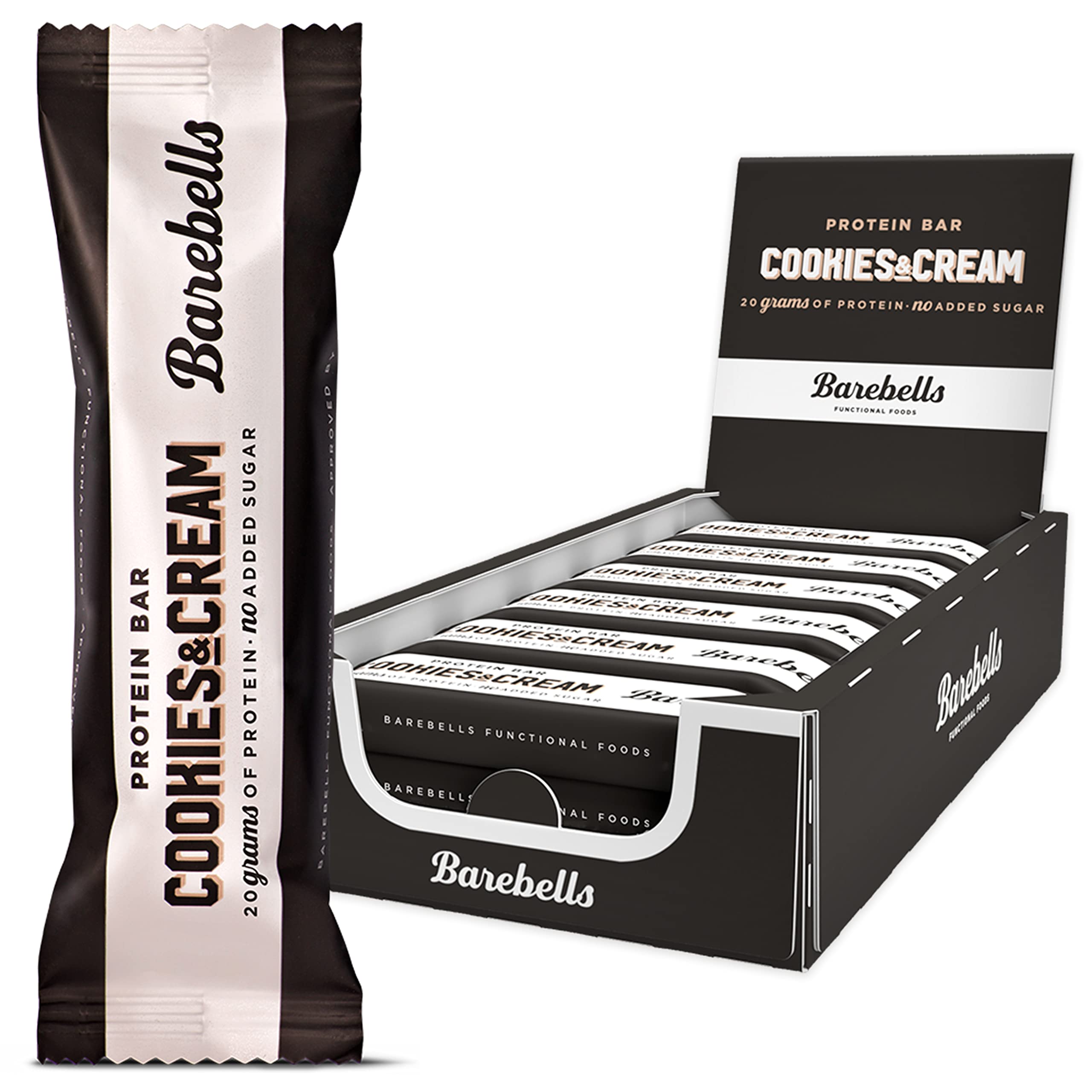 Pack and single Barebells high protein cookies and cream bar in black and white branded wrapper display