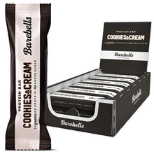 Cookies & Cream protein bar in dark wrapper with Barebells logo and flavor label