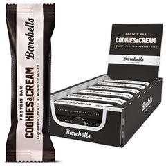 Pack and single Barebells high protein cookies and cream bar in black and white branded wrapper display