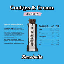 Cookies & Cream protein bar information panel with nutrition table