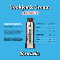 Barebells high protein cookies and cream bar packaging showing bar nutrition facts and ingredients on blue background