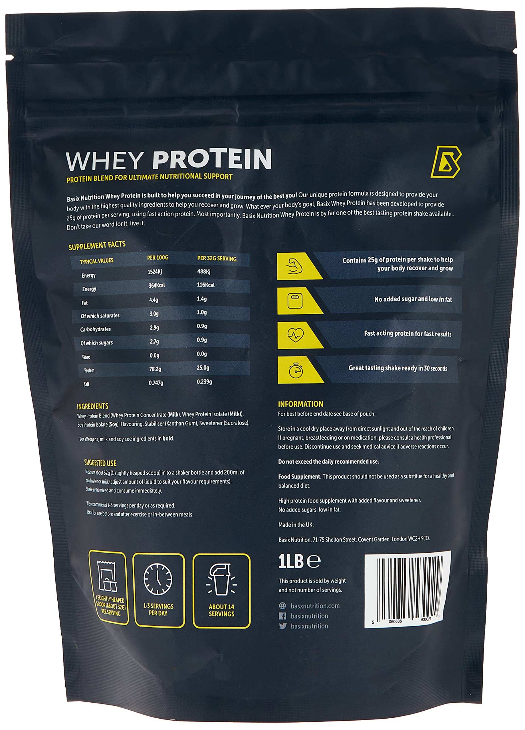 Basix 1lb vanilla whey protein powder UAE black resealable pouch showing supplement facts and directions
