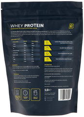 Basix 1lb vanilla whey protein powder UAE black resealable pouch showing supplement facts and directions