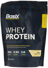 Whey protein pouch, Basix brand, dark navy vanilla flavor bag