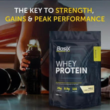 Whey protein pouch with vanilla label next to a shaker bottle and drink