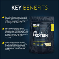 Basix whey protein bag with key benefits text highlighting muscle recovery and nutrition vanilla whey protein powder UAE