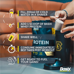 Basix vanilla whey protein powder UAE scoop being added to shaker bottle with shaker cup and packaging