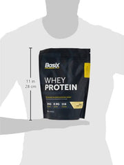 Basix black whey protein pouch front with nutrition facts 25g protein less than 1g sugar vanilla whey protein powder UAE