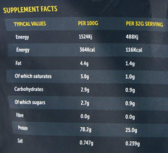 Basix supplement facts label showing nutrition per 100g and per 32g serving high protein 78g vanilla whey protein powder UAE