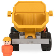 Battat dump truck toy for kids with yellow truck bed and orange construction worker figure