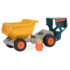 Battat dump truck toy for kids with yellow dump bed, orange wheels, and included construction worker figure