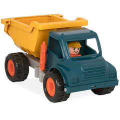 Battat dump truck toy for kids with yellow bed and blue cab featuring a smiling driver figure