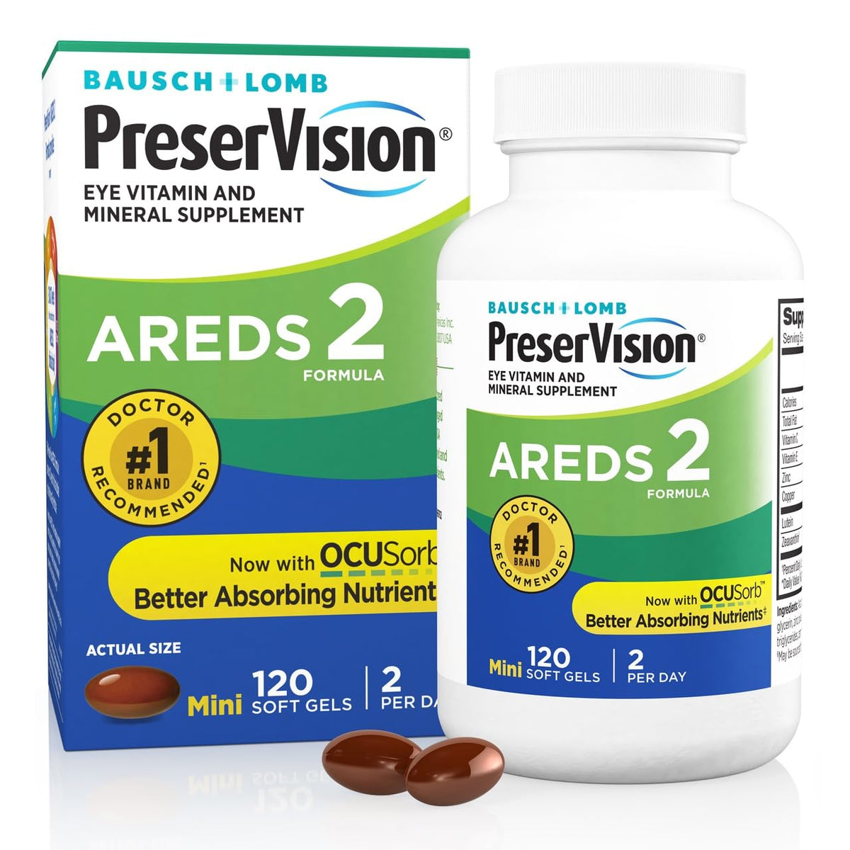 PreserVision AREDS 2 eye vitamins box and bottle with 120 mini soft gels and two brown pills visible