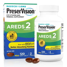 Eye vitamin supplement bottle labeled AREDS 2 for mini soft gels