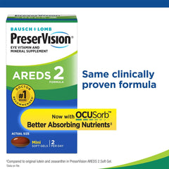 PreserVision AREDS 2 eye vitamins box by Bausch and Lomb showing AREDS 2 formula and mini soft gels
