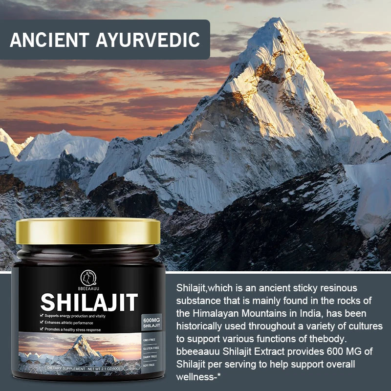 Mumzar pure shilajit resin supplement in a black jar with Himalayan mountains background for wellness support