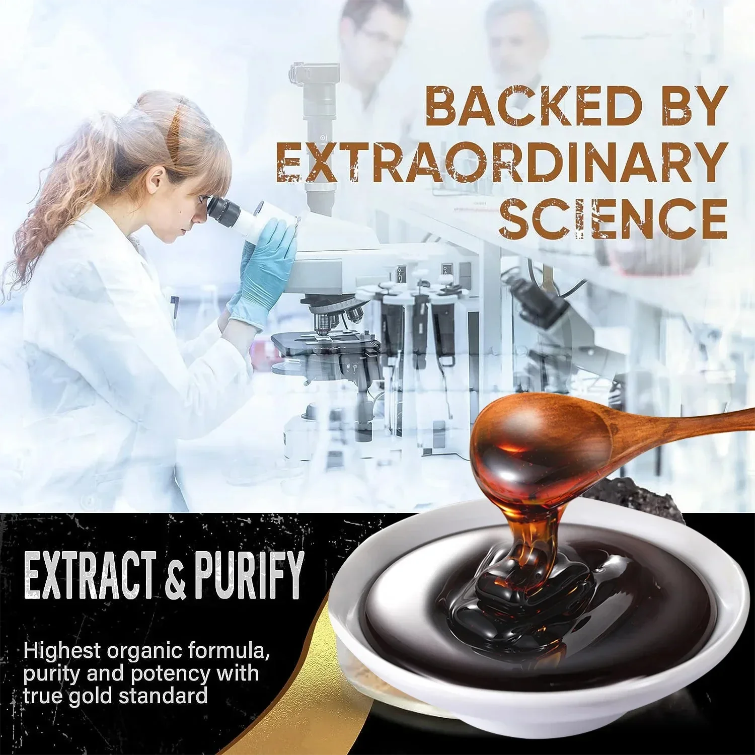 Mumzar pure shilajit resin supplement displayed with a spoon, showcasing its rich color and purity