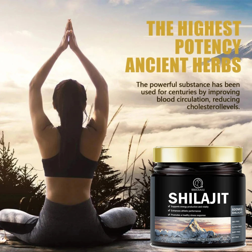 Mumzar pure shilajit resin supplement in a black jar with a gold lid, promoting vitality and wellness