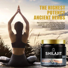 Mumzar pure shilajit resin supplement in a black jar with a gold lid, promoting vitality and wellness