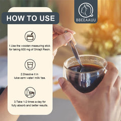 Instructions for using pure shilajit resin supplement with a measuring stick and beverage preparation