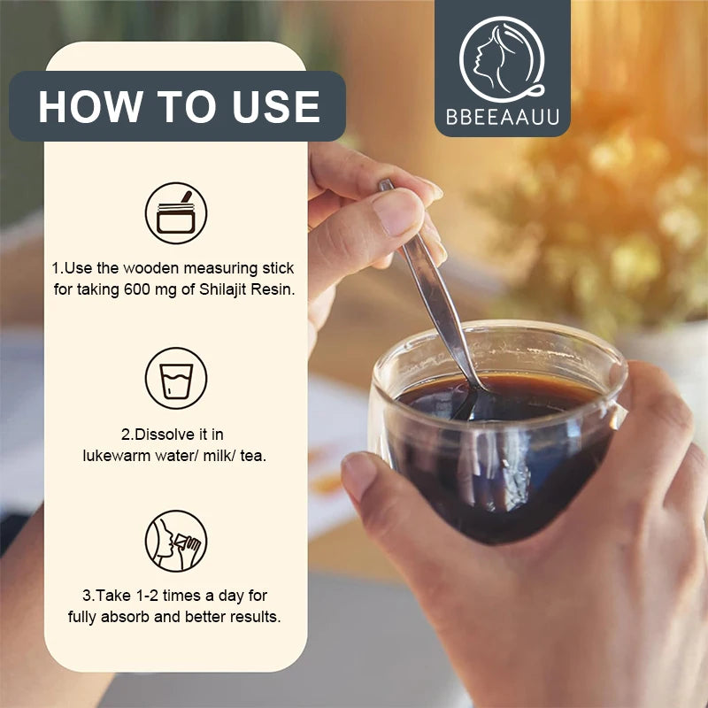 Instructions for using pure shilajit resin supplement UAE in a glass with a measuring stick