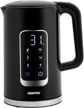 Black Geepas electric kettle with digital temperature display and handle