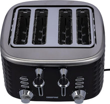 Black 4-slice pop-up bread toaster with four toasting slots and chrome control knobs
