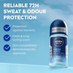 NIVEA MEN Antiperspirant Roll-on for Men, Fresh Active Fresh Scent, 50ml