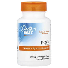 PQQ nervous system support supplement bottle, orange cap, blue-and-white label, 20 mg