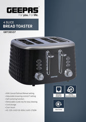 Geepas 4 Slice Bread Toaster - Adjustable 7 Browning Control 4 Slice Pop-Up Toaster with Removable Crumb Collection Tray, Self-Centering | Cancel, Defrost & Reheat | Perfect Sandwiches, Toast & More
