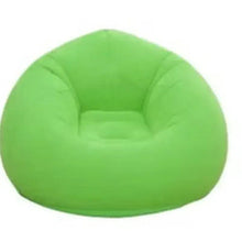 Green inflatable bean bag chair with built-in headrest and armrests