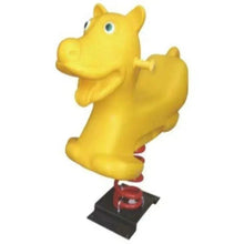 Yellow bear-shaped spring rider, side view, red spring and black base