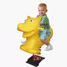 Yellow bear spring rider with child standing on black base and red spring