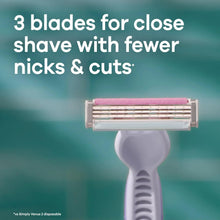 Disposable women’s razor with 3-blade cartridge shown close-up