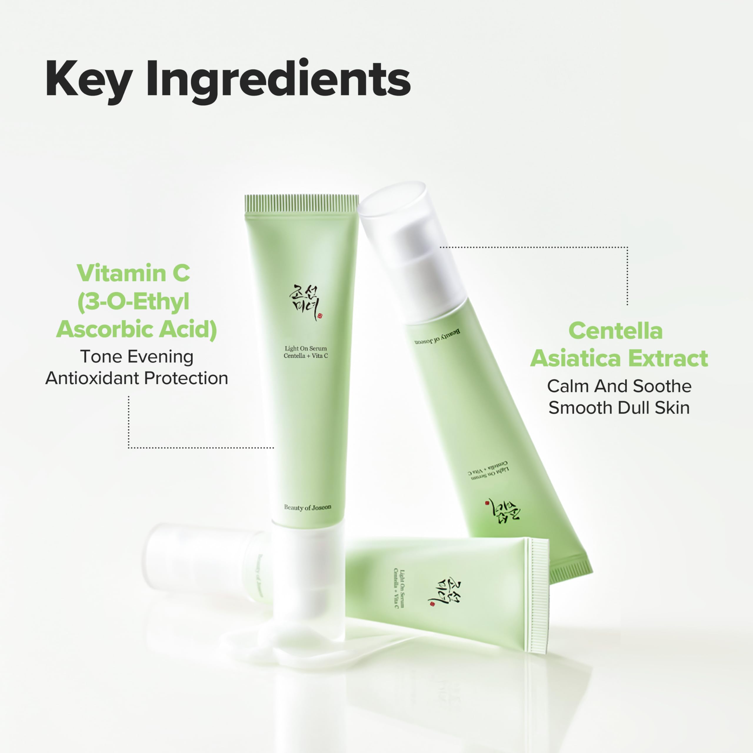 Beauty of Joseon Korean vitamin C serum for dark spots with key ingredients displayed on tubes