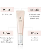 Eye serum tube with clear pump base, displayed with use instructions
