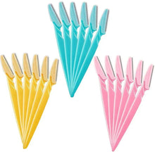 Fan of eyebrow razors in teal, yellow, and pink colors with metal blades