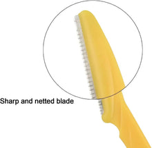 Close-up eyebrow razor showing a serrated metal blade on a yellow handle