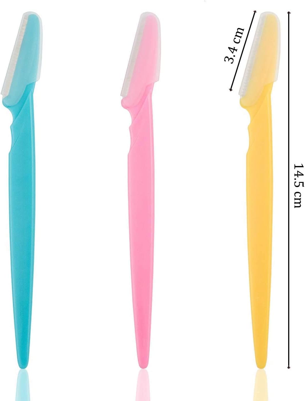 Set of three eyebrow razor for women and men in blue pink and yellow plastic handles for precise trimming