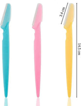 Eyebrow razor set with blue, pink, and yellow handheld trimmers and metal blades