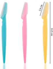 Three pastel eyebrow razors in blue pink and yellow with protective caps for precise grooming eyebrow razor for women and men