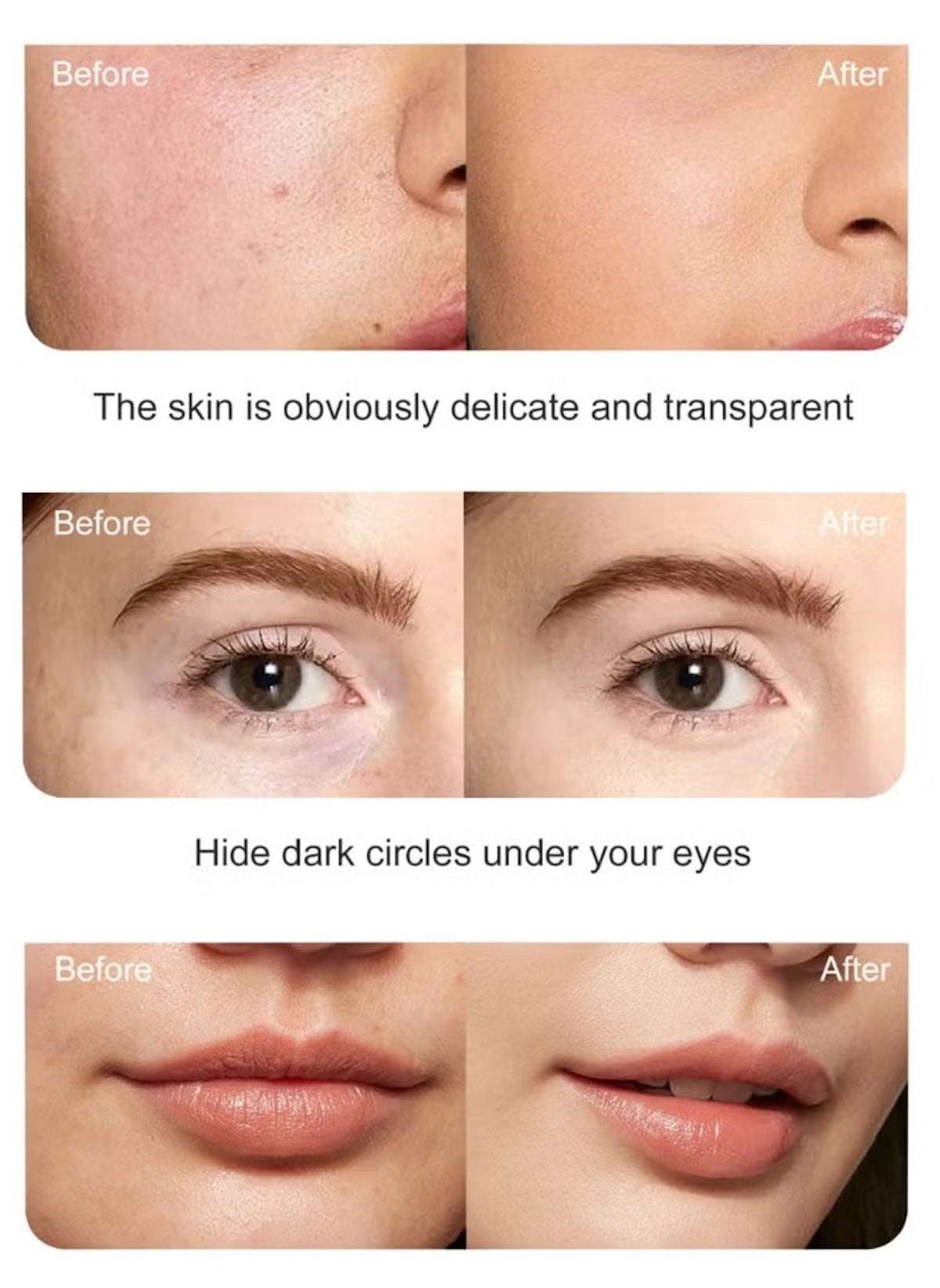 foundation before and after images showcasing long lasting concealer for flawless skin hiding dark circles and evening skin tone