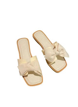 Beige bowknot wedge flip flops, open-toe slide sandals with light tan sole