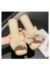 Huitich beige bowknot wedge flip flops with square toe and cushioned sole for women