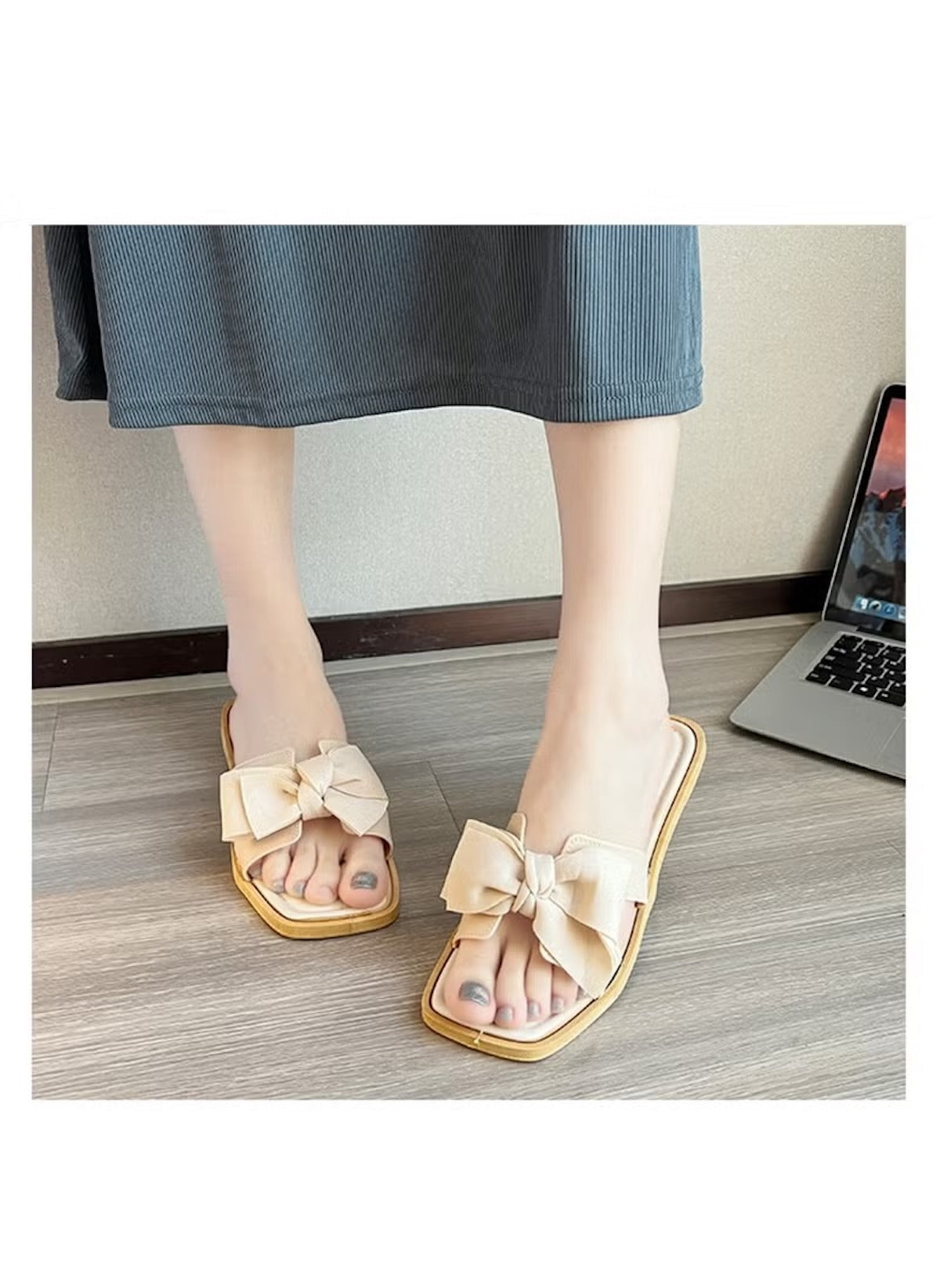 huitich bowknot wedge flip flops in beige with square toe worn on feet indoors