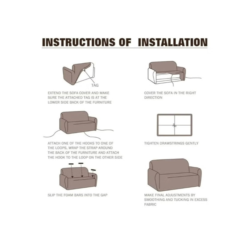 Installation instructions for beige elastic sofa cover single seat by Huitich with detailed step-by-step diagrams