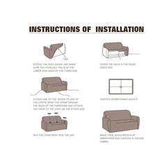 Installation instructions for beige elastic sofa cover single seat by Huitich with detailed step-by-step diagrams