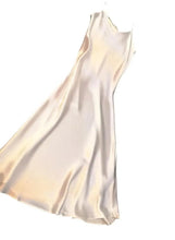 Huitich light beige sleeveless satin dress, draped side view with scoop neckline
