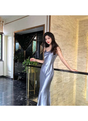Huitich beige sleeveless satin dress XL worn by woman standing indoors near glass railing