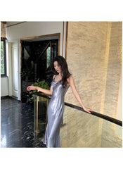 Huitich beige sleeveless satin dress XL worn by woman in elegant indoor setting